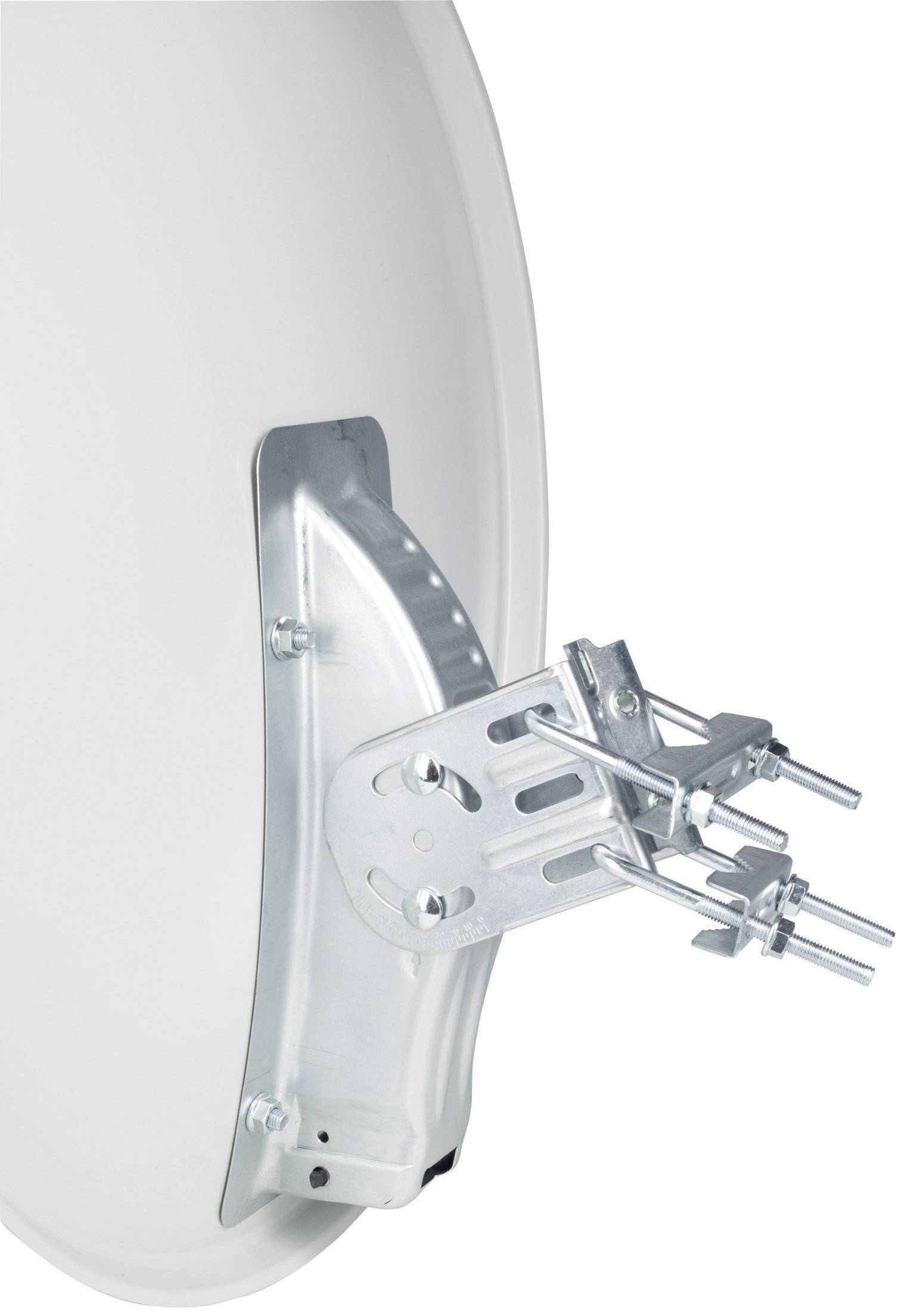 Satellite dish with metal mounting bracket installed on a wall, showing mounting details.