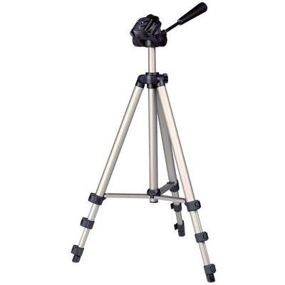 A silver tripod with adjustable legs and a black pan head handle. Ideal for cameras to take stabilised photos.