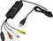 USB video capture device with multiple RCA connections for video and audio input. Connections in red, white, and yellow.