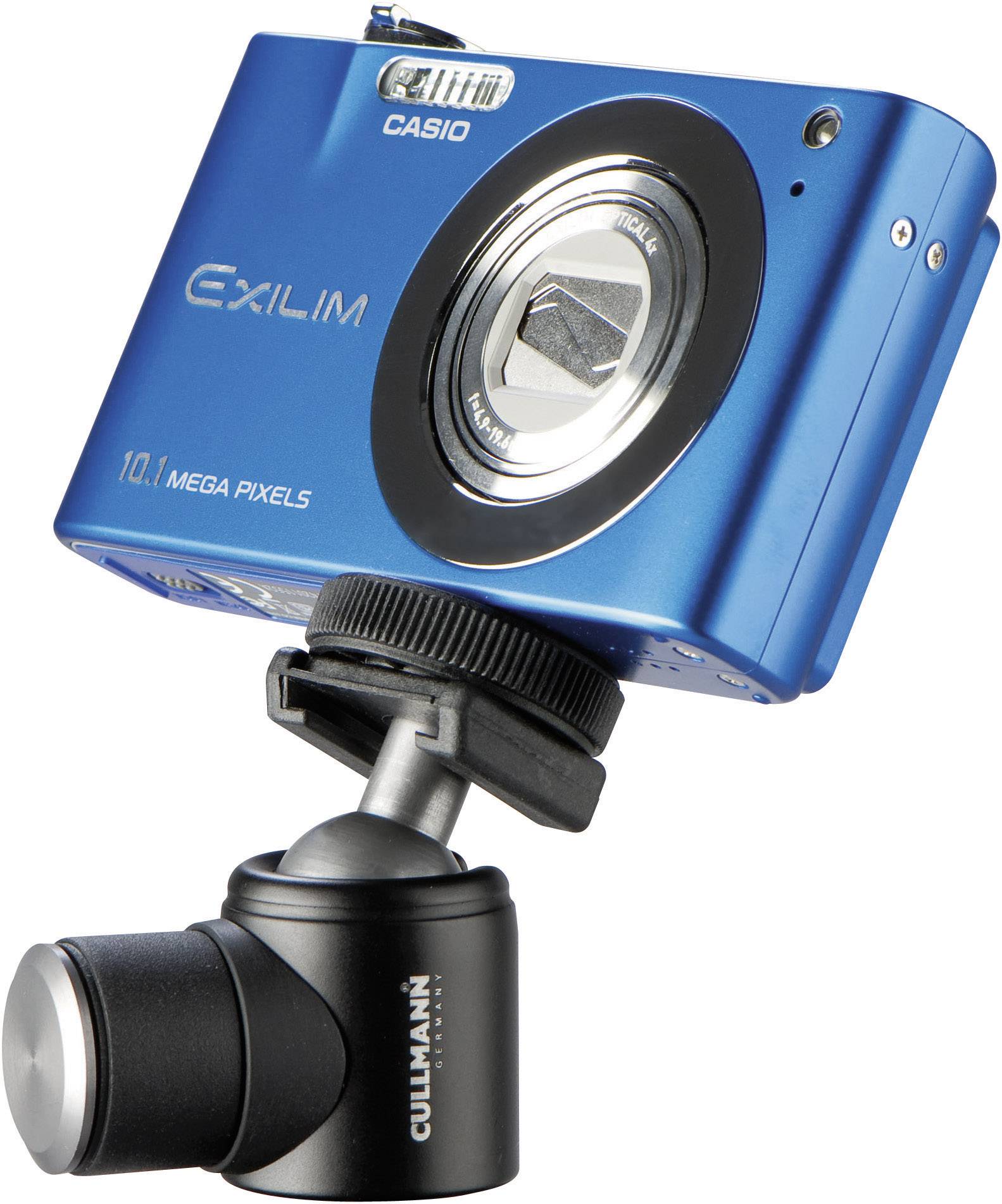 Digital camera in blue, mounted on a small Cullmann tripod head. Marked with 'Exilim' and '10.1 Megapixels'.
