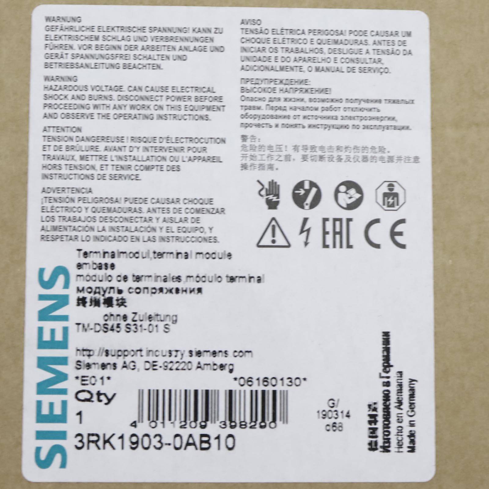 Siemens 3RK19030AB10 3RK1903-0AB10 PLC terminals 500 V AC-4