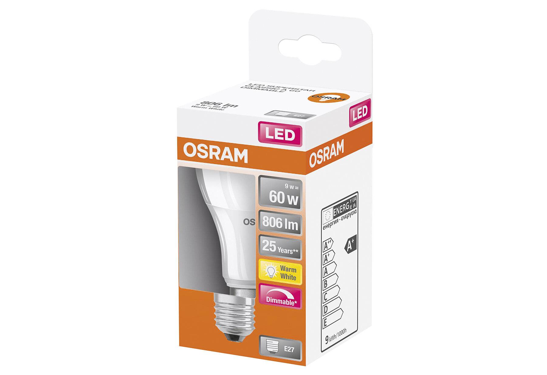 OSRAM HOMELIGHTING 4058075433861 LED (monochrome) EEC F (A - G) E-27 Pear shape 8.8 W = 60 W Warm white (Ø x L) 60 mm x -3