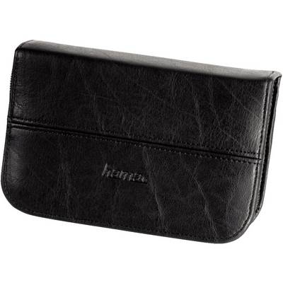 Black leather case with subtle stitching design, suitable for storing or protecting small electronic devices or accessories.