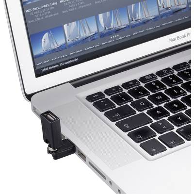 A laptop with a USB extension cable, with a small USB dongle plugged into it. Sailing boat images are visible on the screen.