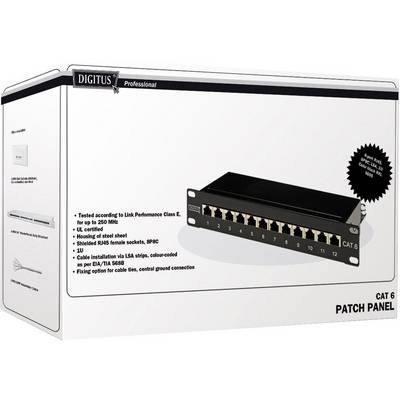 The 'Digitus CAT 6 Patch Panel Box' displays an image of the patch panel with 12 ports, along with technical specifications and certification details on the packaging.