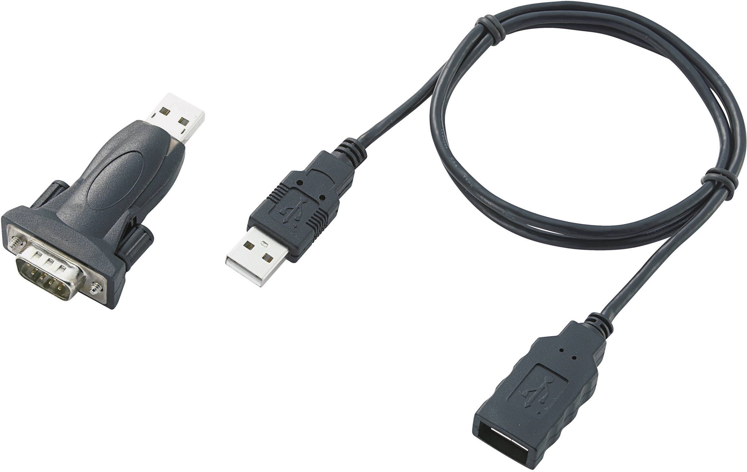 Adapter cable with USB plug to RS232 and a separate USB extension cable, both in black colour.