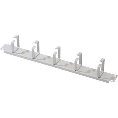 A grey cable management panel with five hooks, used for organising cables in IT racks.