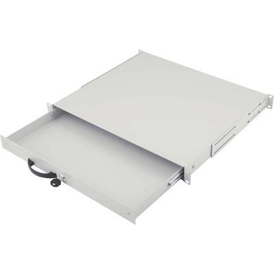 A grey, flat metal drawer with a black handle designed for integration into a frame, used for storing small items or documents.