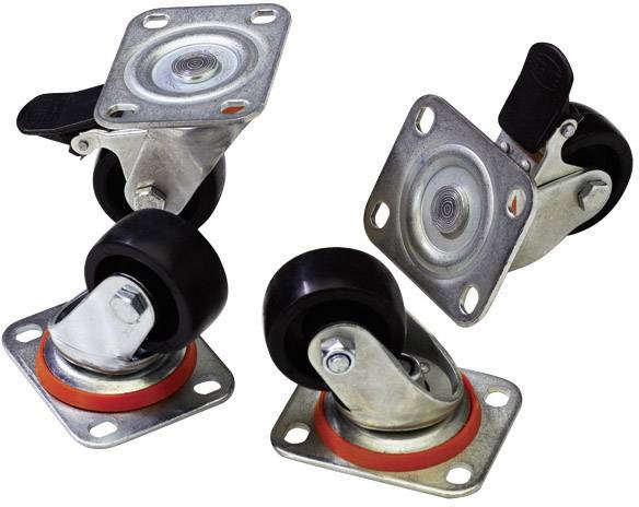 Two different types of black furniture castors with metal fittings on a white background. Left with brake, right without brake.