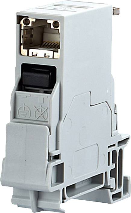 Grey electronic module with Ethernet connection and locking mechanism, designed for DIN rail mounting in industrial applications.