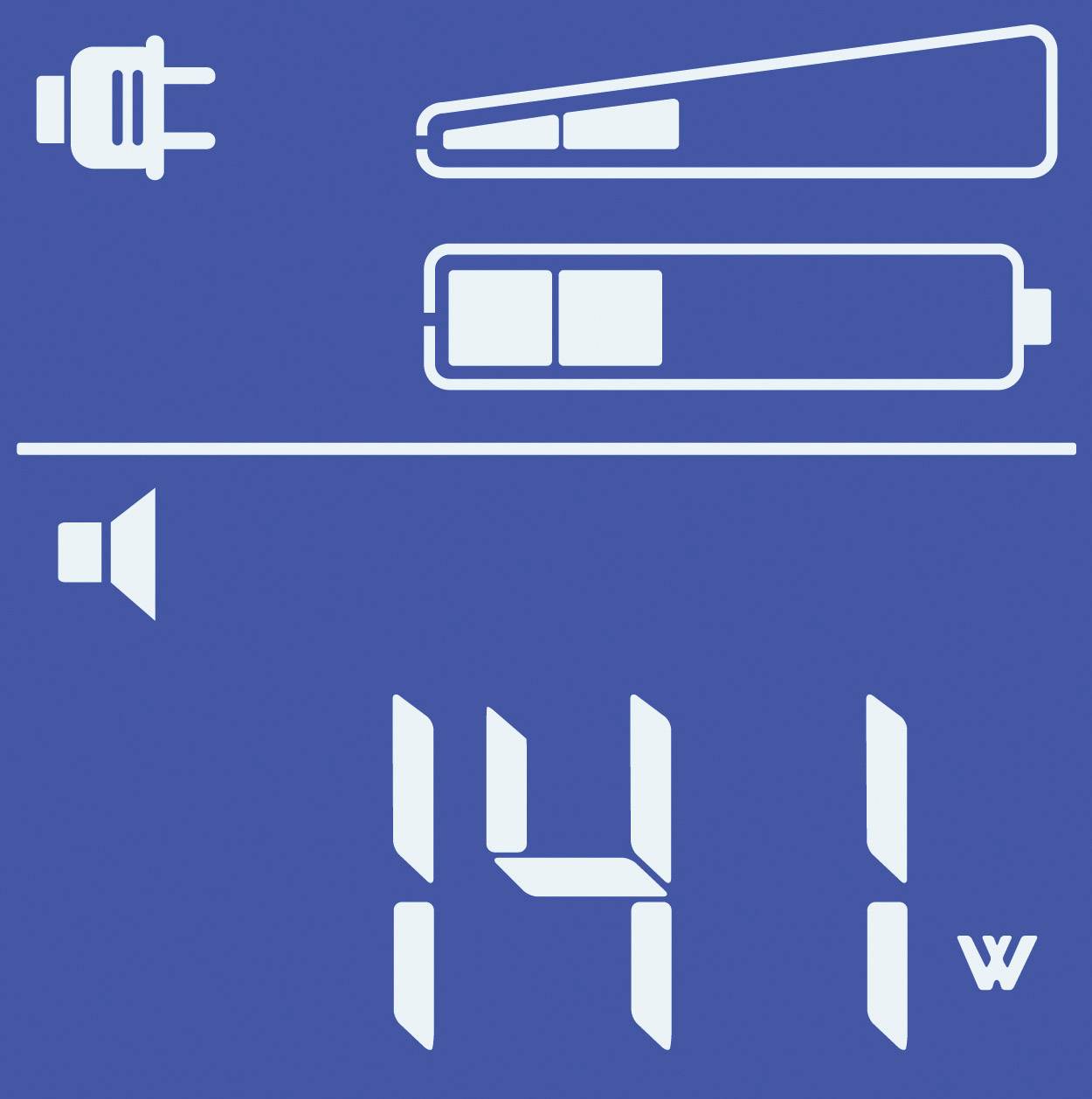 'Digital display with blue background colour shows charge status of 141 minutes, speaker symbol and charging indicator with two bars.'