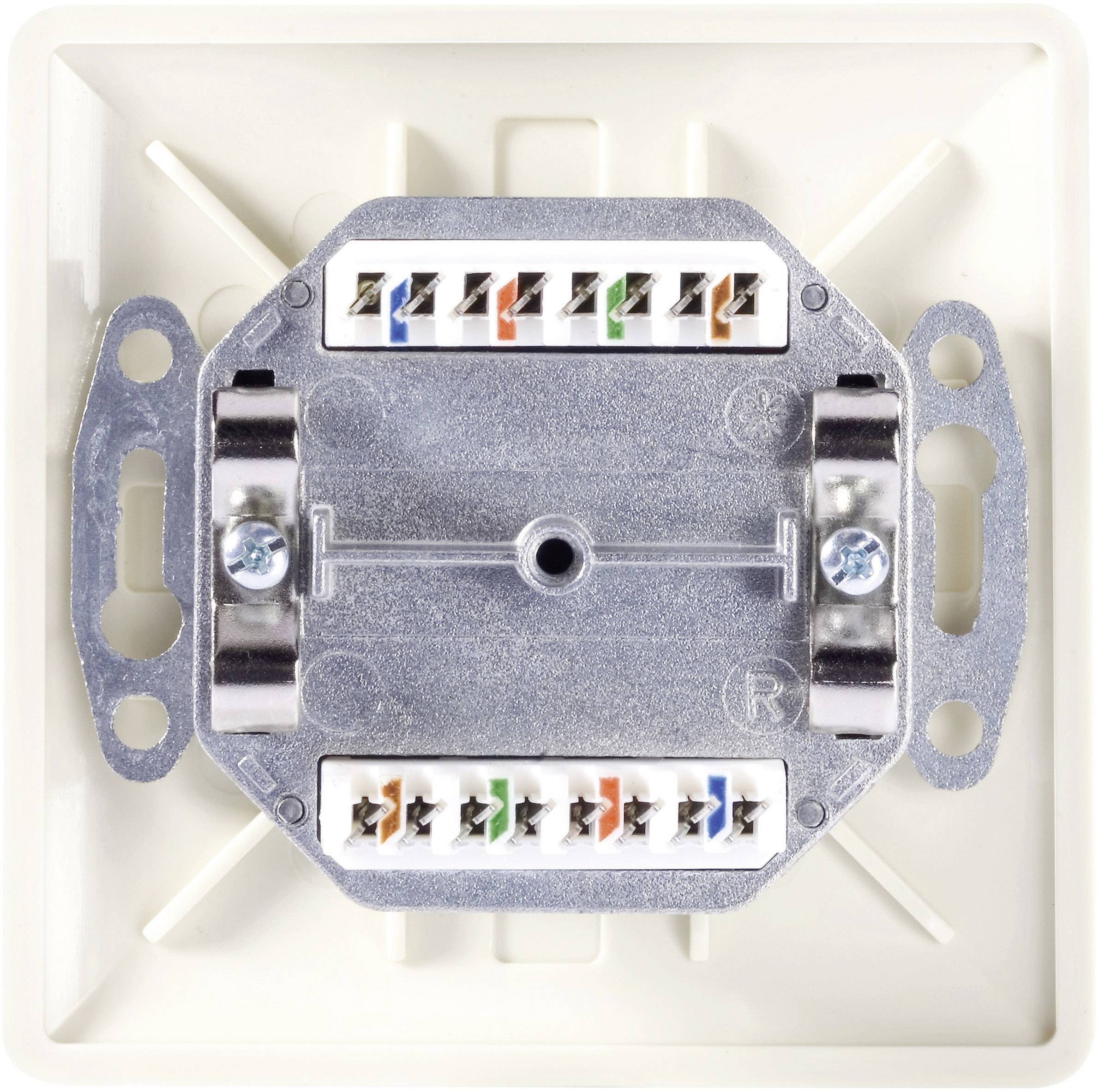 Network socket in close-up with various coloured connections for connecting cables. Screws secure the mounting bracket.