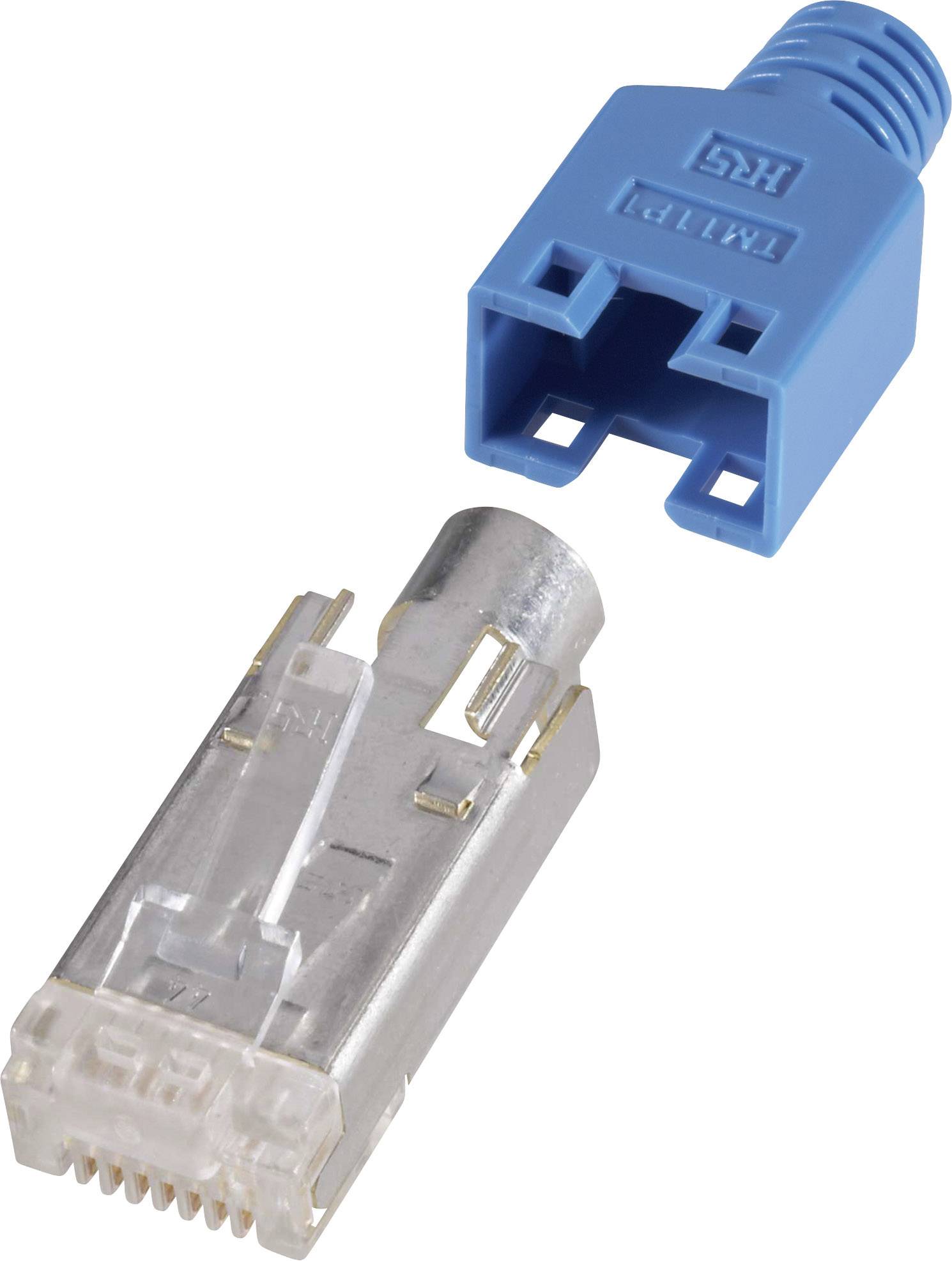 A modular network plug and a blue protective cap. The plug is designed for Ethernet connections.