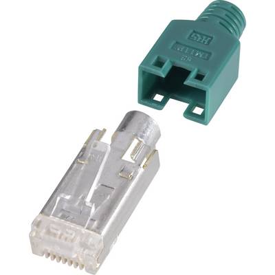 A green device plug adapter and a coaxial plug in close-up. The adapter is open and shows the interior view.
