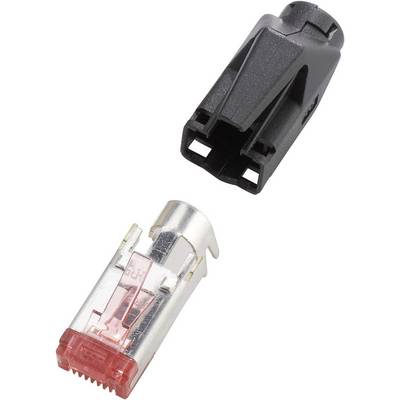 Two network plugs: one black and blank, the other transparent with red and silver elements, show components for data transmission.