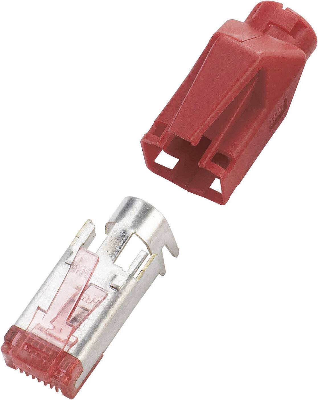 Two parts of an RJ45 network connector: a red plastic housing and a metallic contact section.