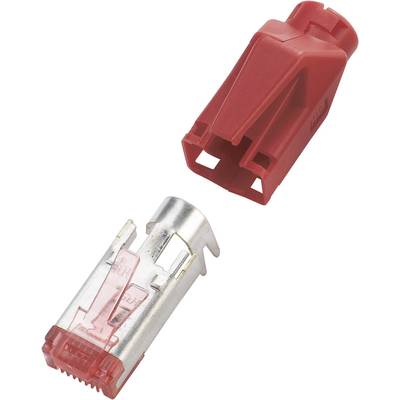 Two parts of an RJ45 network connector: a red plastic housing and a metallic contact section.