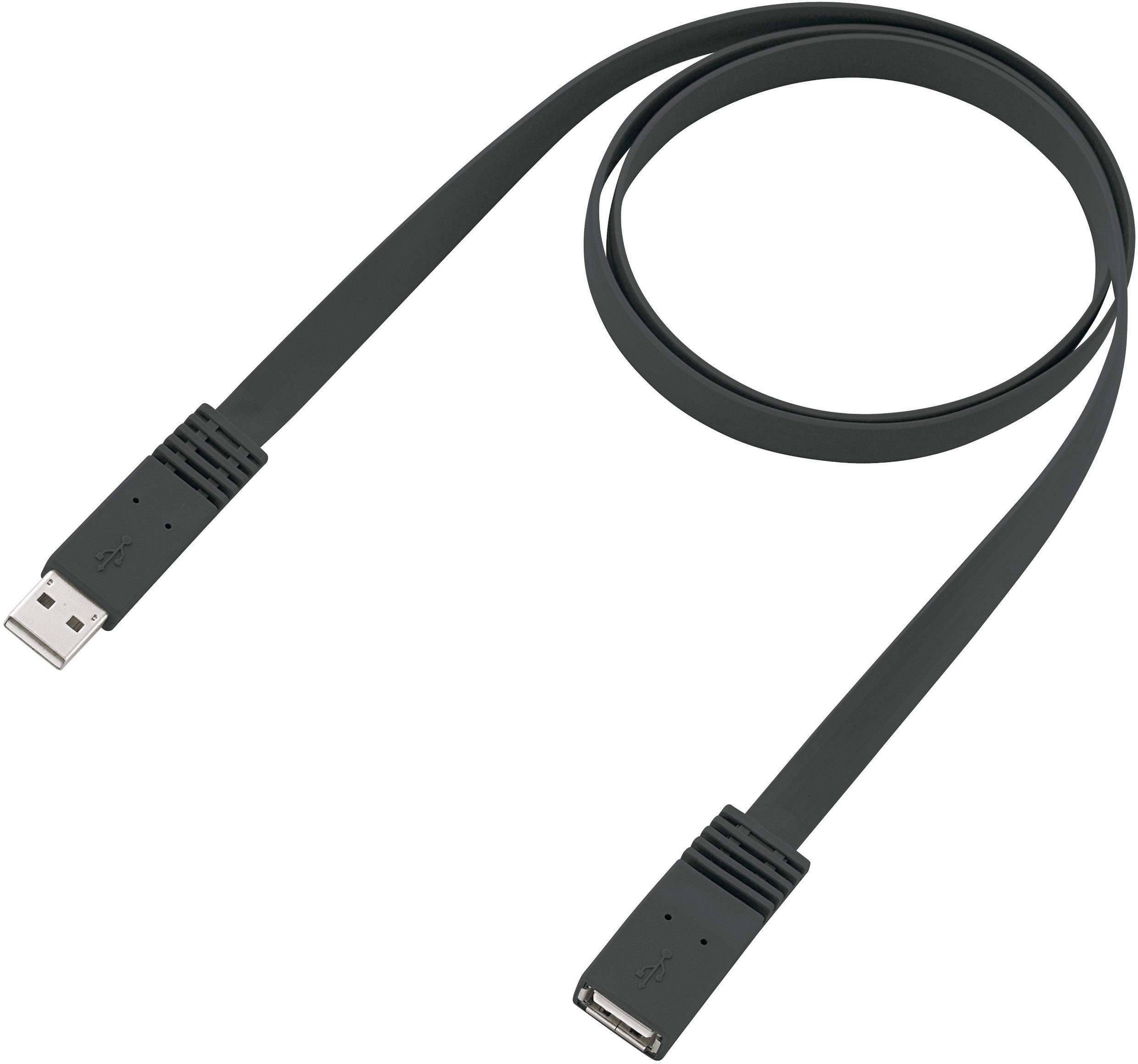 A flat, black USB cable with a standard USB plug and a USB socket. Ideal for connecting devices.
