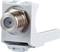 An F-socket module with a white plastic housing, suitable for use in connection or junction boxes for coaxial cables.