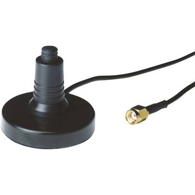 Small, black magnetic base antenna with coaxial cable and gold-plated connector, suitable for wireless communication.