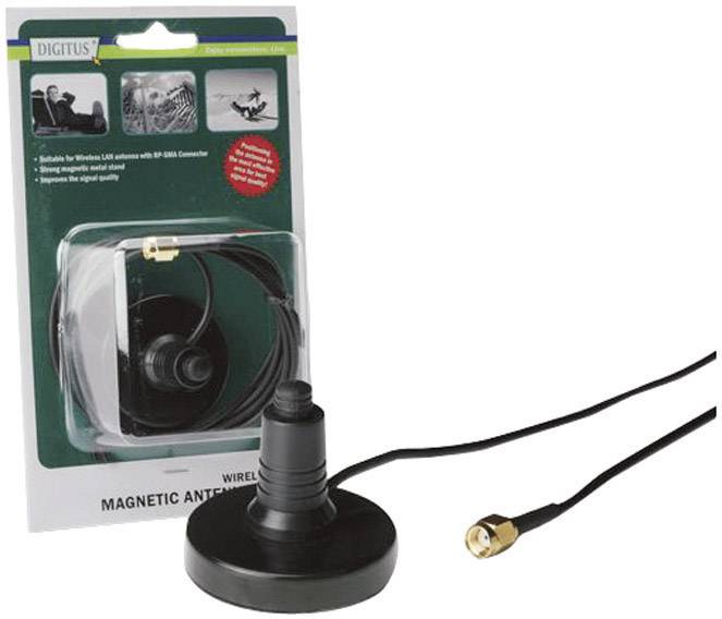 Magnetic antenna for wireless LAN systems with RP-SMA connector in blister pack, improves signal quality, black accessory.