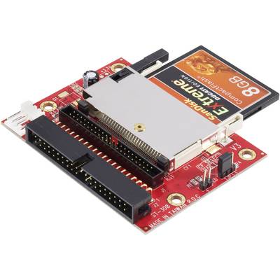 'Red electronic circuit board with a slot for a CompactFlash card. Contains multiple connectors and electronic components.'