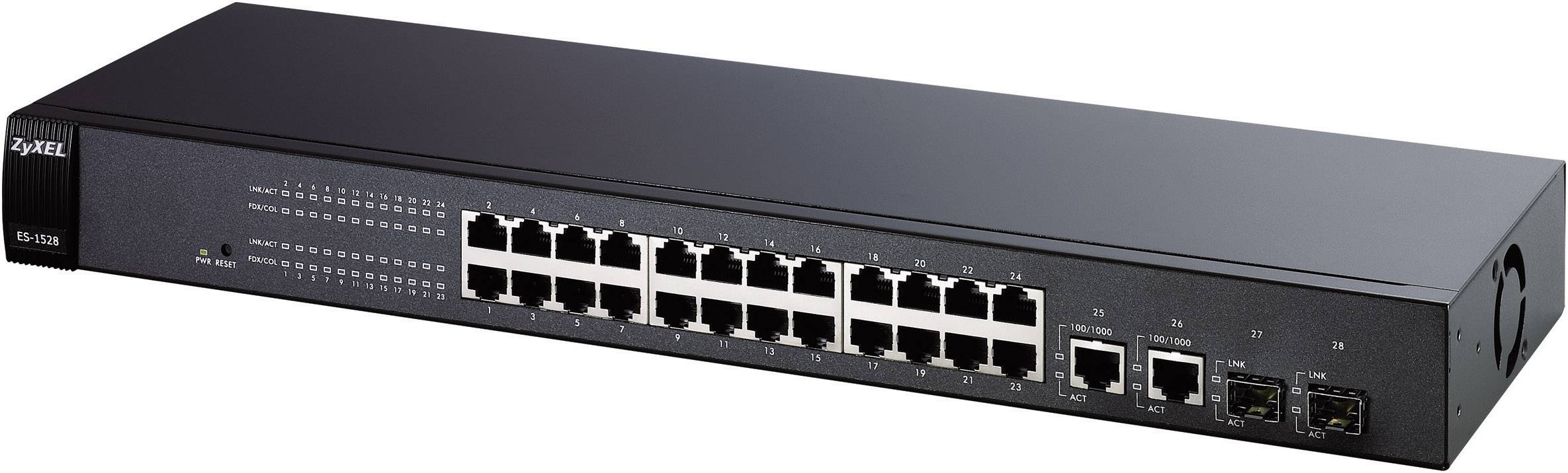 Dimension es-1528 - switch 24port 10base-t 100base-tx + 2x10/100/1000base-t (uplink) + 2 x sfp (leeg) - 1u extern - stapelbaar (4718937503858)