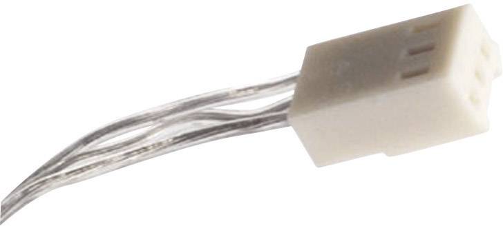 A white, two-pin plug with transparent cables, typically used for electrical connections.