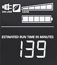 Digital display of battery status with symbols: 'ON LINE', 'LOAD'. Runtime in minutes: 139.