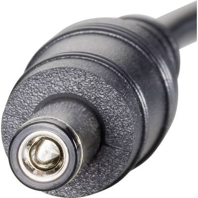 Close-up of a black, cylindrical plug with a metal contact, likely a direct current connector, against a neutral background.