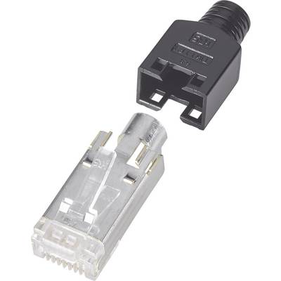 Two connectors: Below, a silver, translucent plug and above, a black, rectangular adapter that matches it.