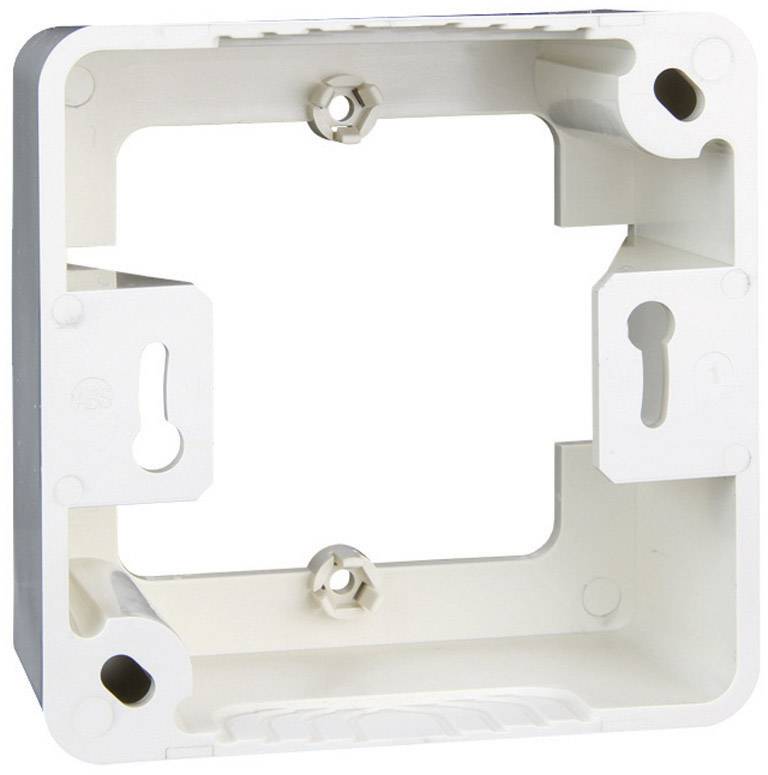 A white rectangular plastic frame with drill holes in the corners. Suitable for mounting electrical switches or plug sockets.