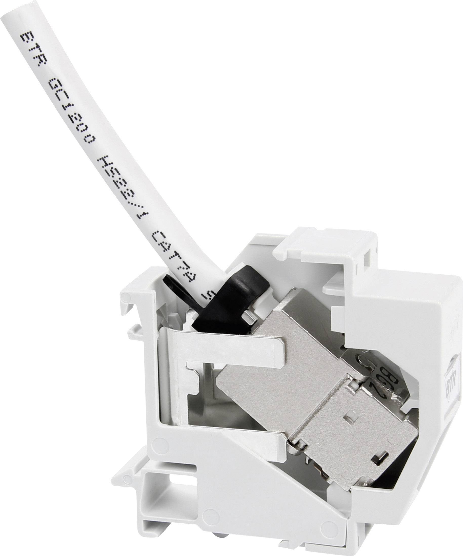 A white, open connection block with an inserted cable, metal contacts and a black clip for network connections are visible.