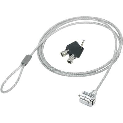 Cable lock with two keys for securing laptops. Silver lock head and loop for attaching to fixed objects.