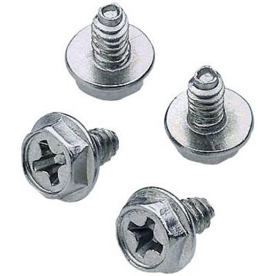 Four silver metal screws with cross-head and round washers on a white background.