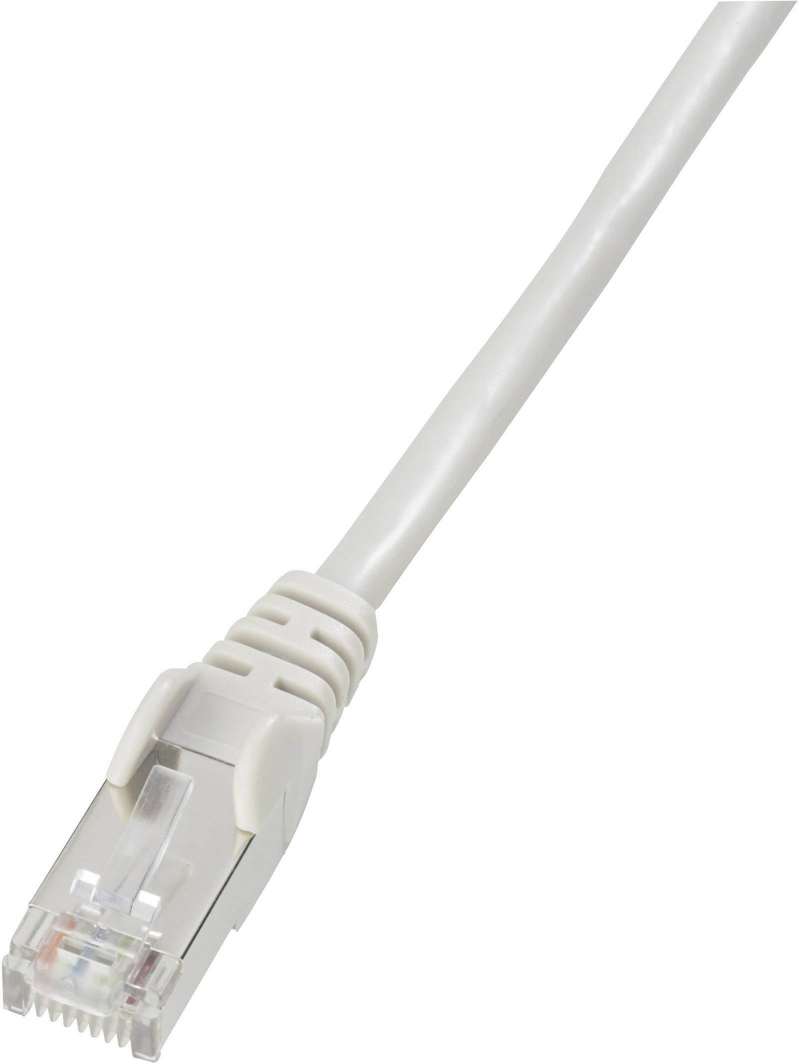 A white Ethernet cable with an RJ-45 connector, as used for networks and internet connections.
