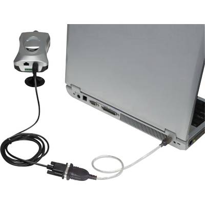 A silver laptop on a table is connected to an external device via a long cable running out of the laptop.
