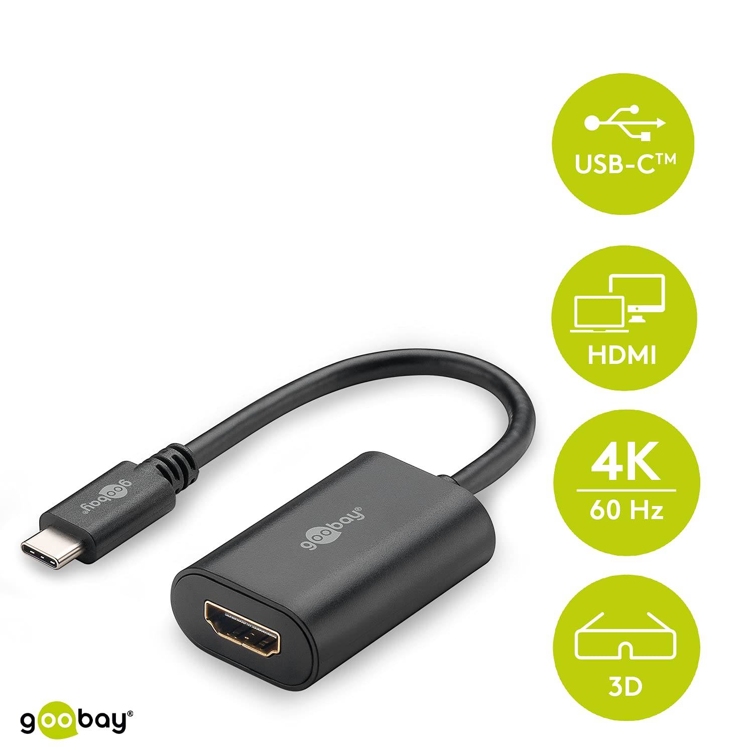 Goobay 38532 USB / HDMI Adapter [1x USB-C® plug - 1x HDMI socket] Black incl. OTG function 13 cm-1