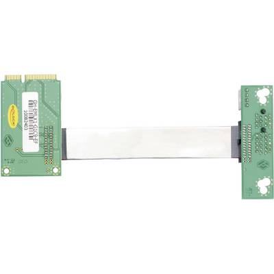 A flat ribbon cable connects two green electronic circuit boards with golden contacts and black connectors, with no visible manufacturer markings.