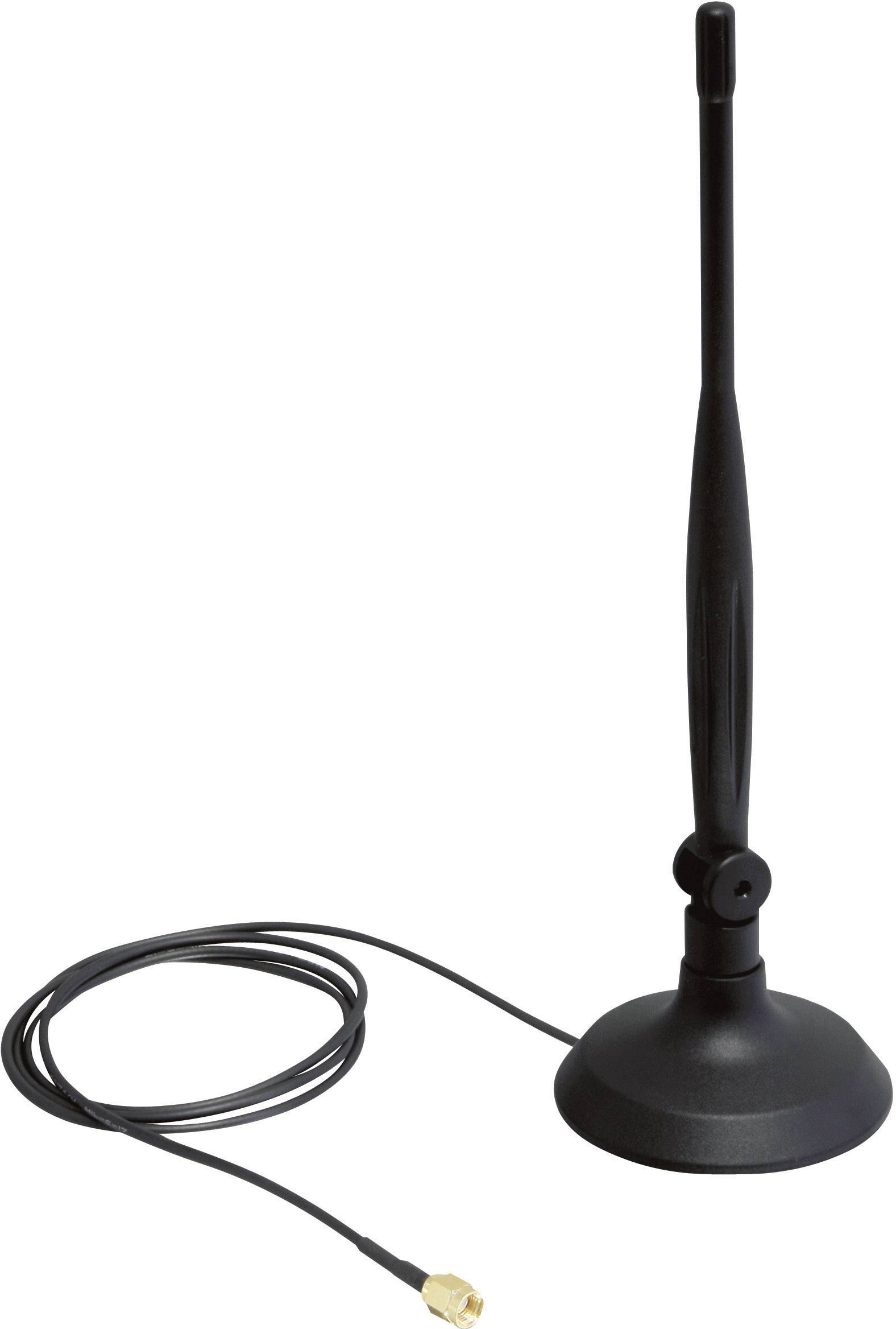 A black aerial with a round base and connected cable. It is standing upright and is typically used for receiving radio signals.