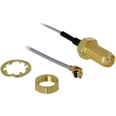 Cable with gold-coloured connector and accessory parts such as nut and washer, used for technical or electronic connections.