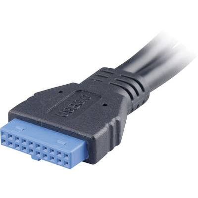'USB 3.0' cable plug with blue socket and black handle. Connects devices for data transfer and power supply.