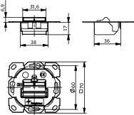 Technical drawing of a mechanism with dimensions: Main view shows circular parts with recesses; side view with profile and details.
