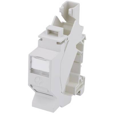 The pictured item is a white, modular electrical component with slots and plug connections, suitable for mounting on a DIN rail.