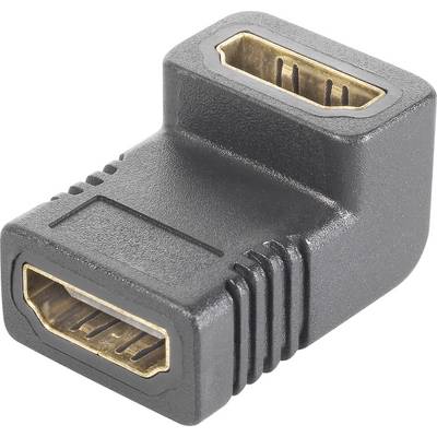 A black HDMI right-angle adapter with two HDMI ports, one on each side, enables connection in confined spaces.