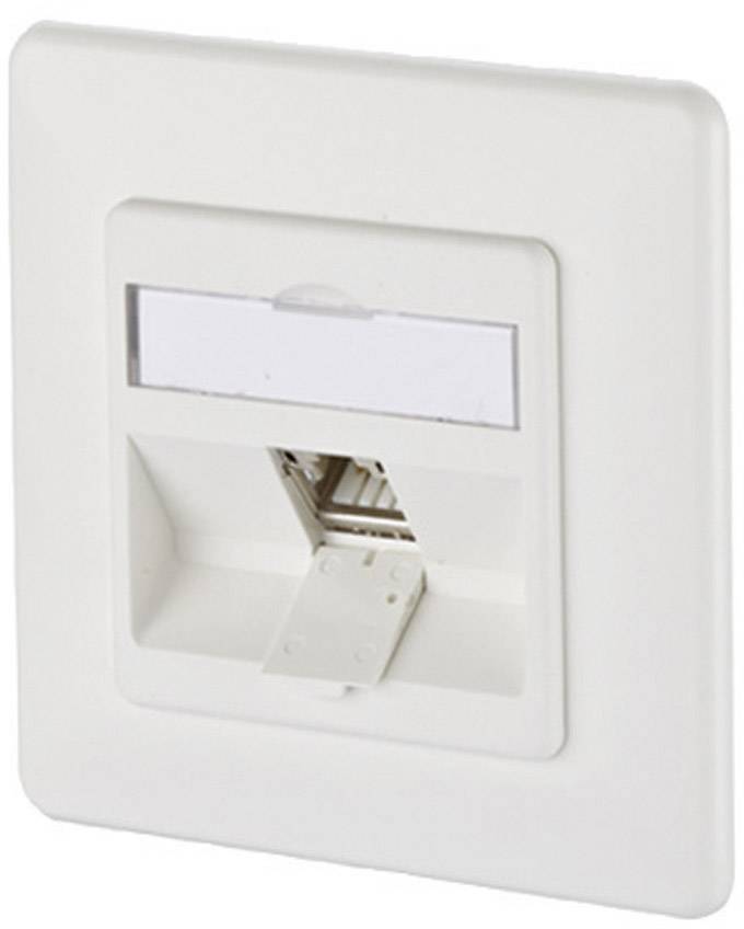 White network socket with RJ45 connection, mounted in a wall plate.