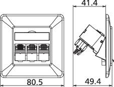 Technical drawing of an electrical switch with three circuits. Dimensions: 86.5 mm width, 42.4 mm depth. Side and front view.