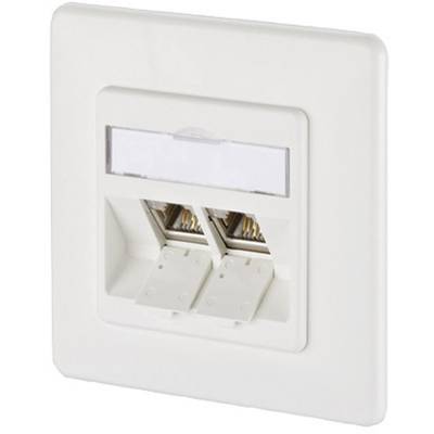 Double wall-mounted LAN socket in white with two RJ45 ports, suitable for network connections in offices or homes.