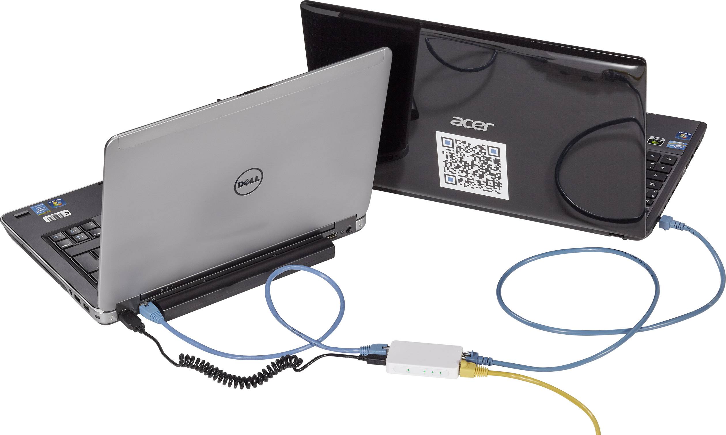 Two laptops (Dell and Acer) are connected via Ethernet cable and an adapter. The Acer laptop has a QR code on the back.