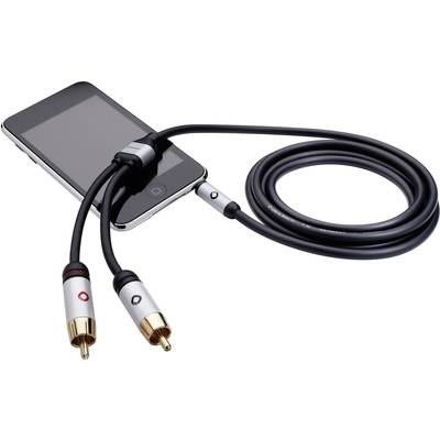 Smartphone connected via audio cable terminating in two RCA plugs, demonstrating the connection between a digital device and an audio system.